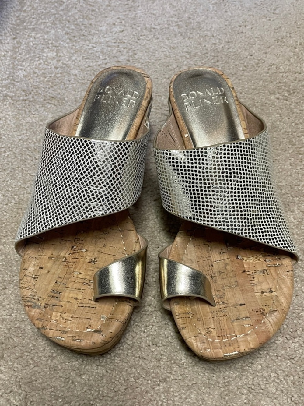 Donald J. Pliner Metallic Gold Cork Crossband Toe-Loop Slides